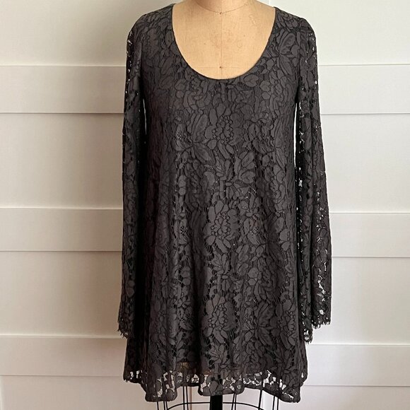 Charcoal Gray Lace Cocktail Dress Size XS, Low Back, Scoop Neck, Bell Sleeve - Picture 3 of 10